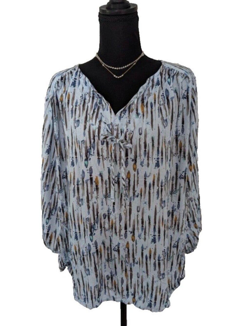 Evri Blue Gold Watercolor Paintbrush Print Tie Neck Blouse-Size 0X-High/Low Hem